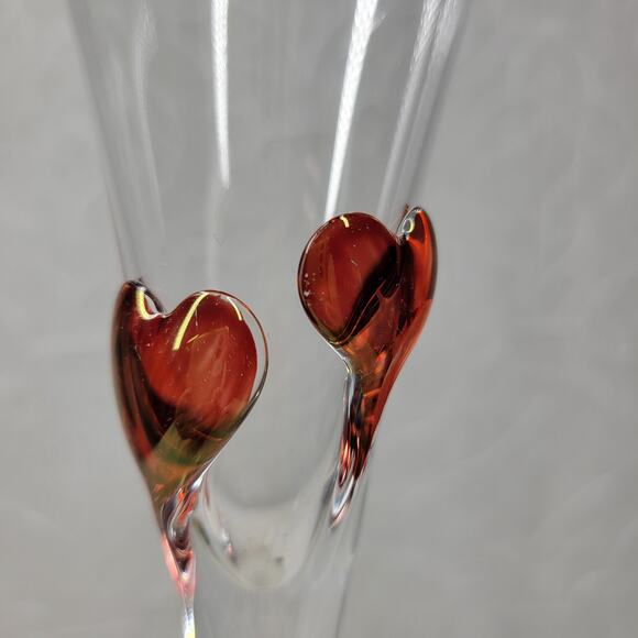 Heart Champagne Flutes 11.5" Red Bohemia Blown Glass Wedding Toast Set of 2 - Picture 3 of 16